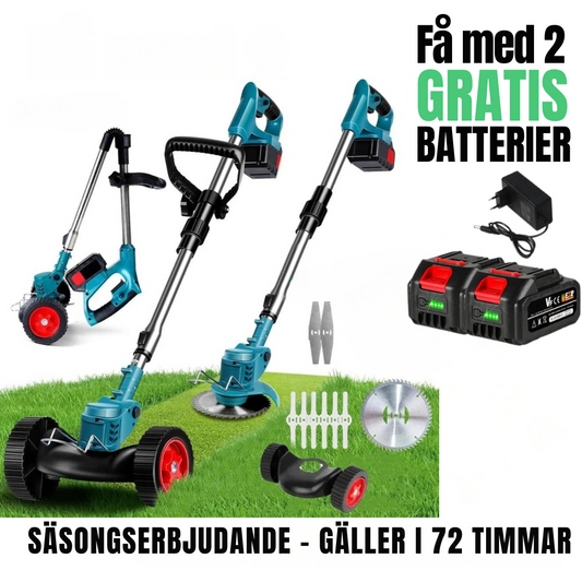 Trådlös & Hopfällbar Grästrimmer 36V – Justerbar Höjd, Hjul & 3 Bladtyper